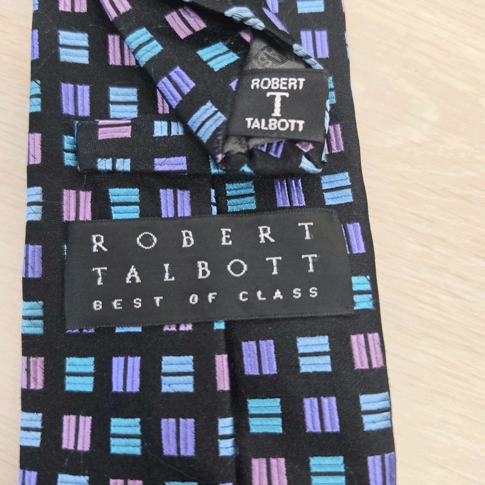 Robert Talbott Mens Necktie Black‎ Geometric Square Pattern Pastel Silk Tie Neat
